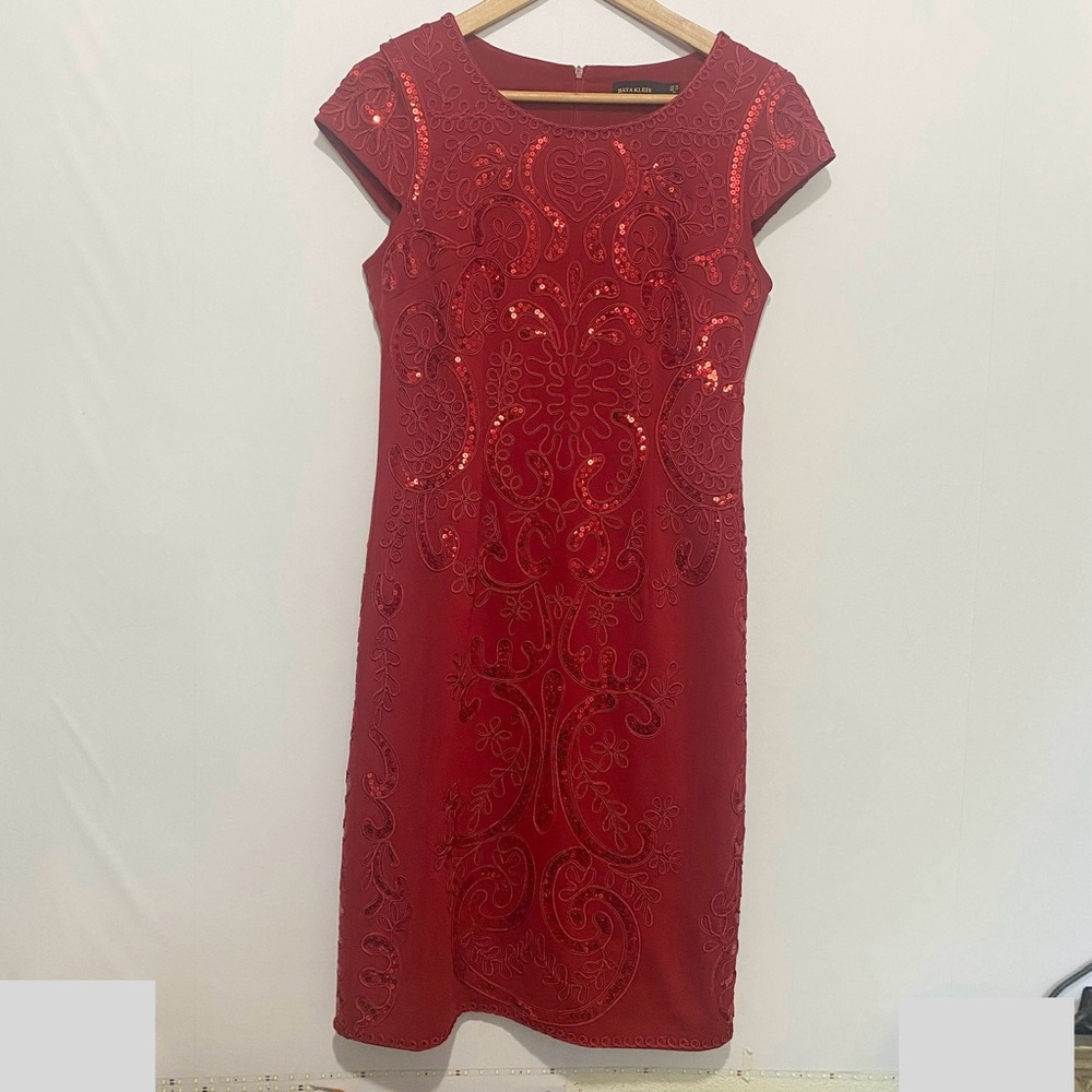 Haya Klein Red Embroidered Sequin Sheath Cocktail Dress Wedding Guest 10